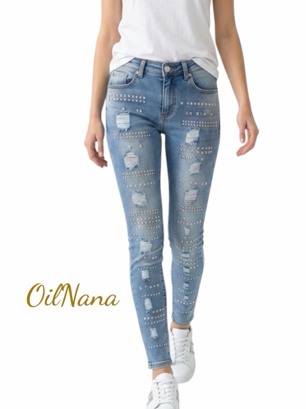 Venus Skinny Jeans Womens 4 Blue Excellent Studded Distressed Rhinestone Ripped